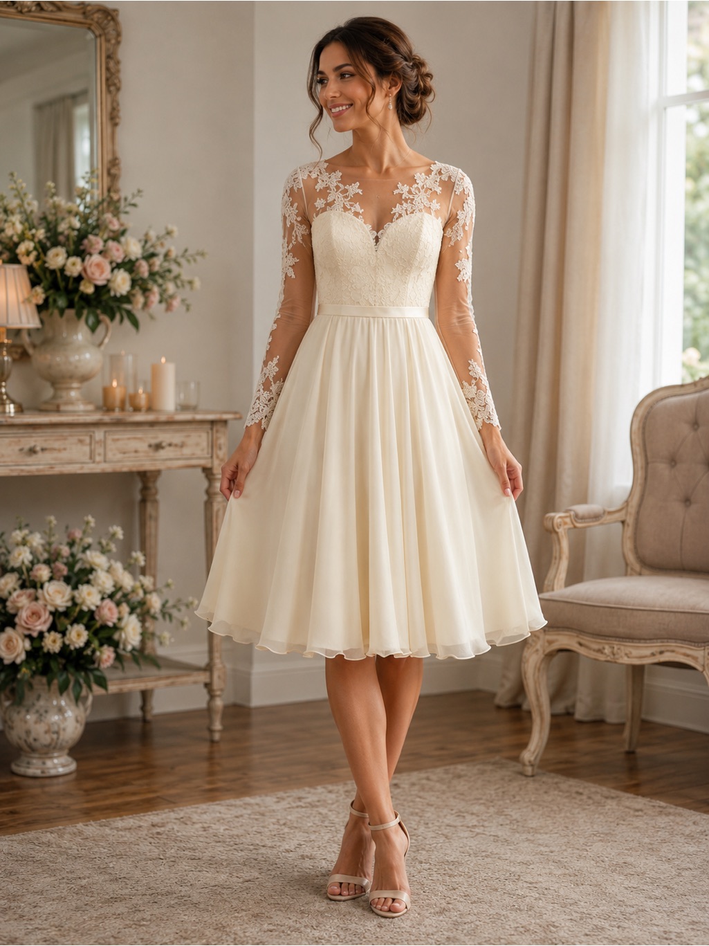 Elegant White Lace A-Line Wedding Dress With Illusion Long Sleeves